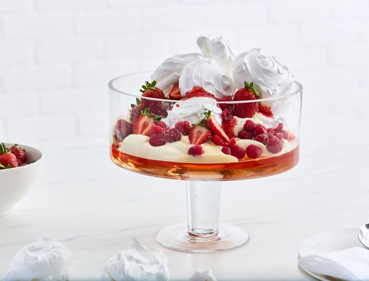 Sparkling Rose Meringue Mess served in a trifle bowl.