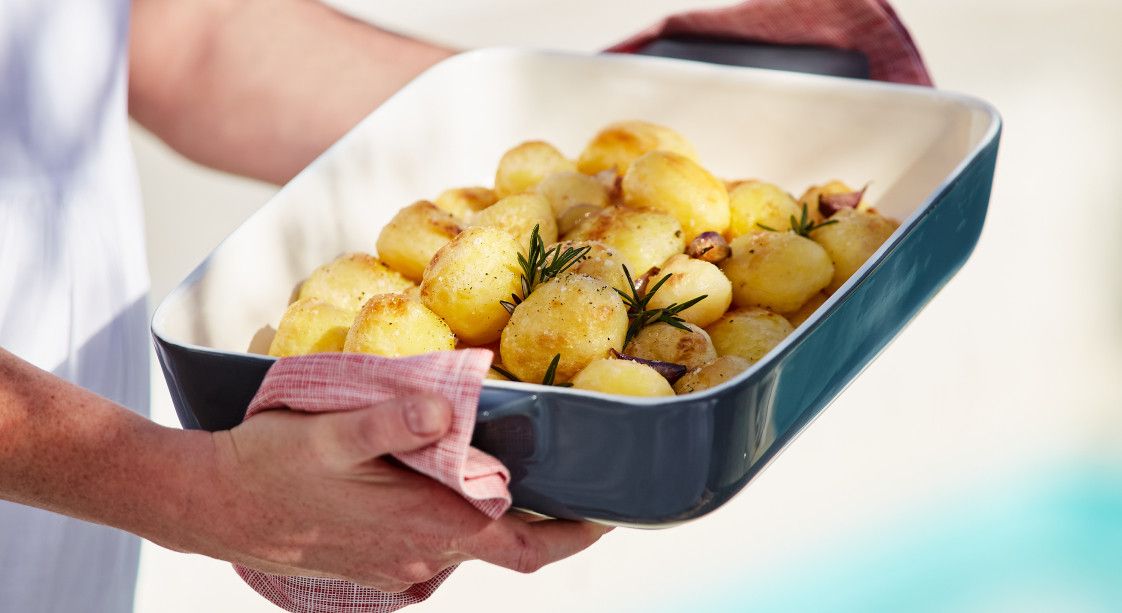 Duck fat roasted potatoes in baking tray