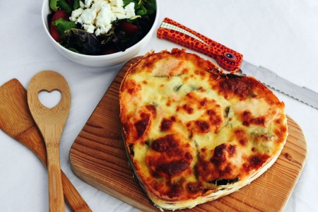 Heart-shaped camel milk frittata served with veggies and goat cheese