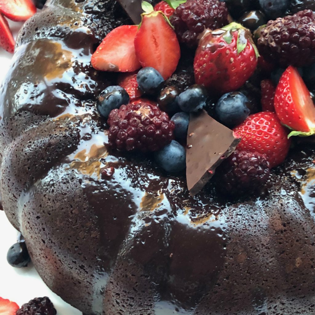 Chocolate ganache bundt cake close up