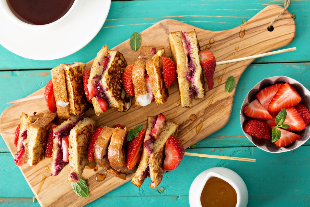 French Toast Pieces with PB&J on a Skewer with Strawberries