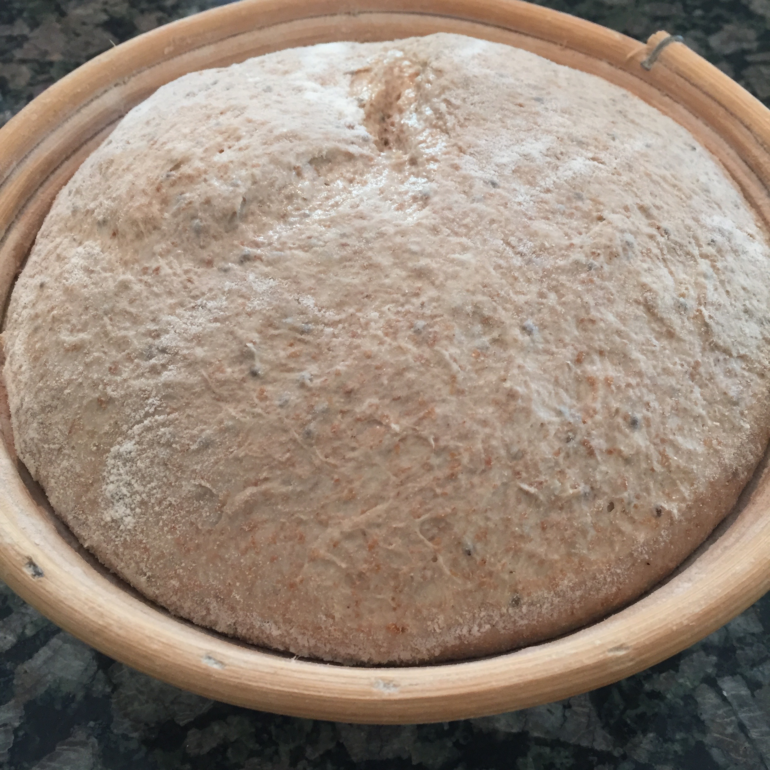 risen dough inside the banneton, and ready for baking.