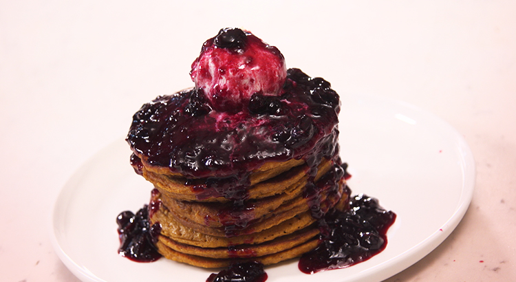Fluffy Pumpkin Pancakes with Blueberry Syrup